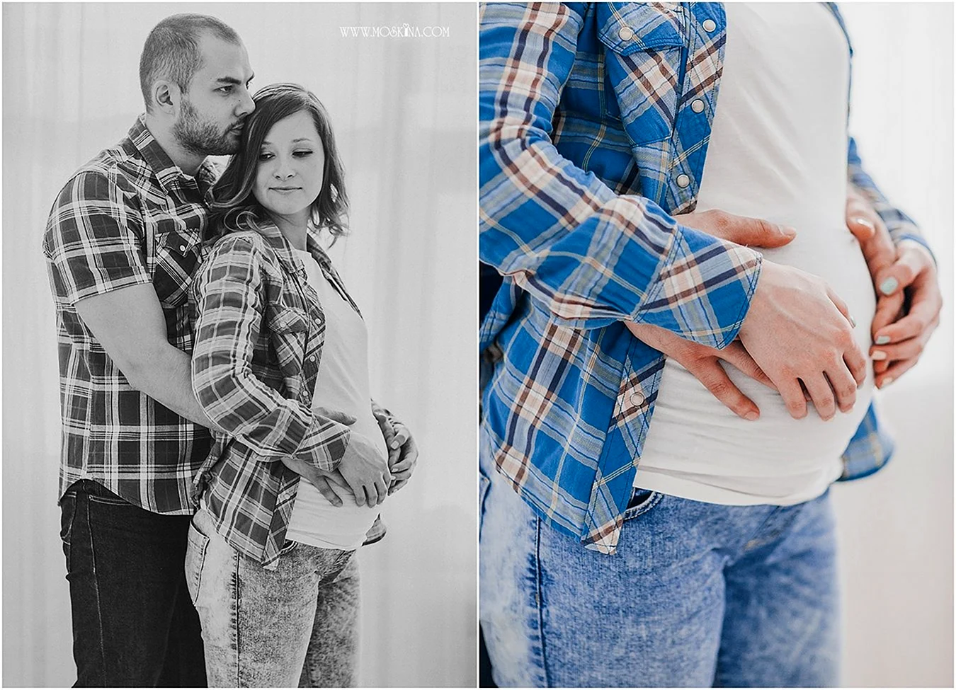 Фотосессия беременных в джинсах и рубашке с мужем