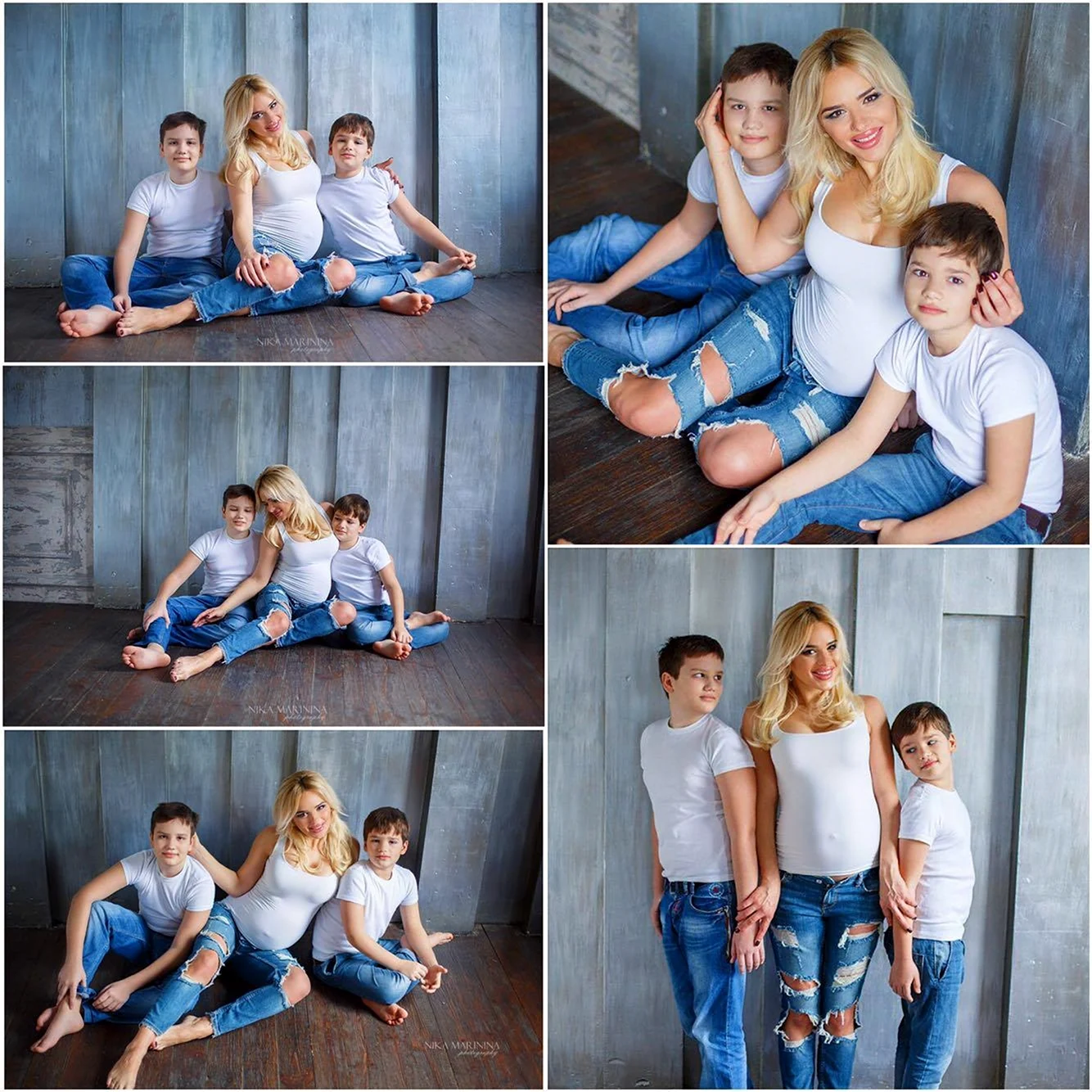 Фотосессия в белых футболках и джинсах семейная