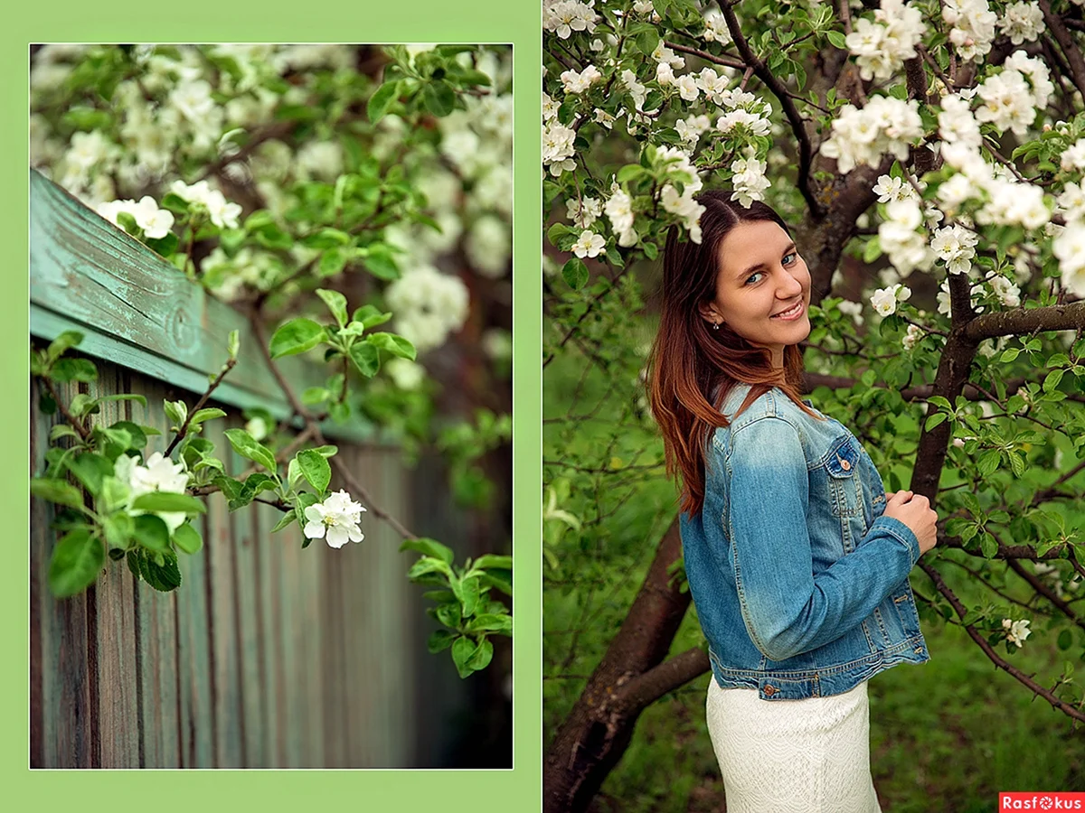 Фотосессия в джинсах в цветущем саду