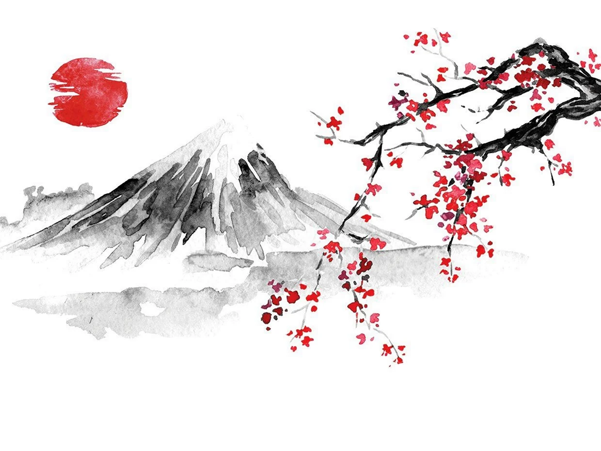 Японская традиционная Суми-э живопись. Гора Фудзи Сакура