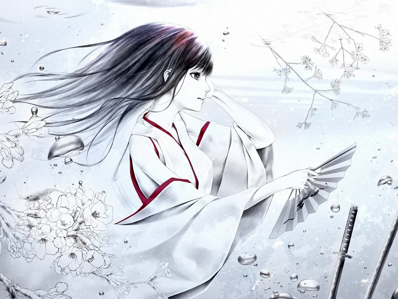 Нарисованная девушка в кимоно