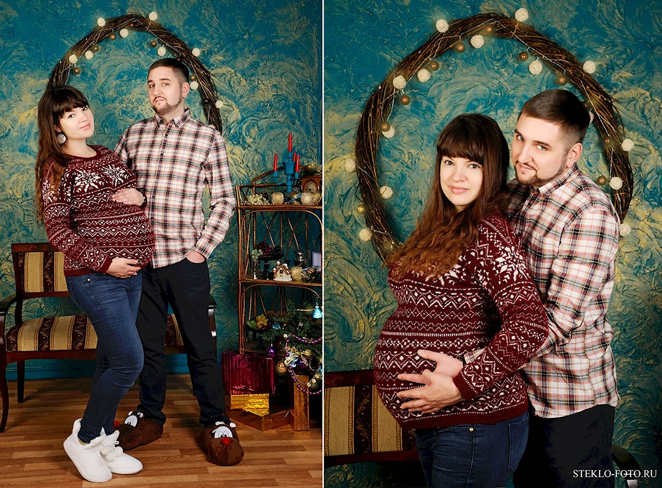 Новогодняя фотосессия беременной с мужем в студии