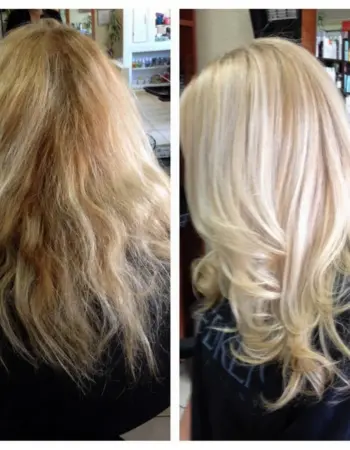 Обесцвеченные волосы до и после