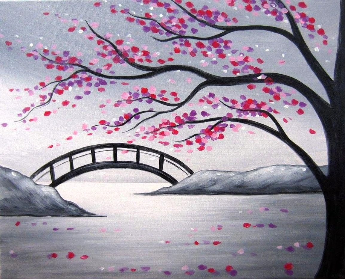 Пейзаж с мостом и сакурой
