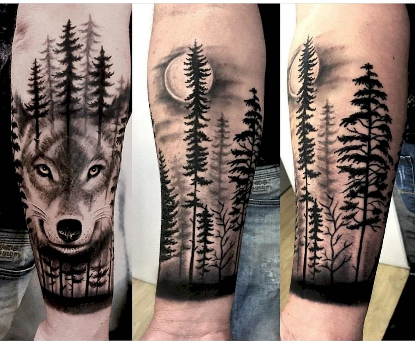 Тату волк в лесу на руке