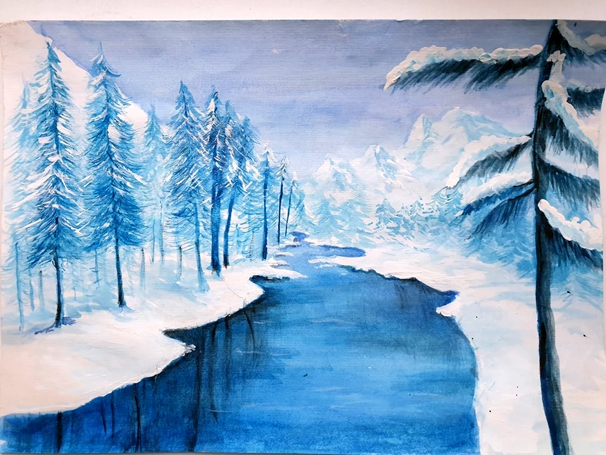 Зимний пейзаж с рекой гуашью